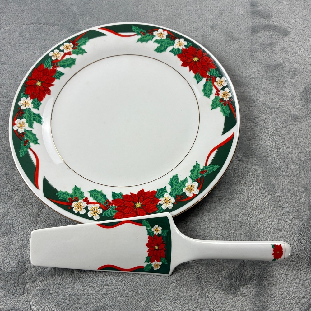 Tienshan Deck the Halls Fine China Christmas Poinsettia Cake Plate & Server Set